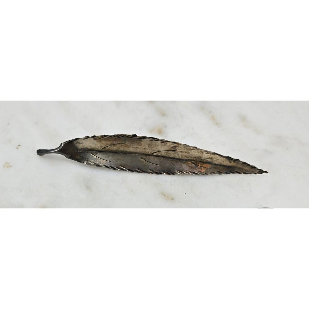 Vintage NYE Sterling Silver Feather Leaf Brooch –‎ Mcm Botanical Quill Pin